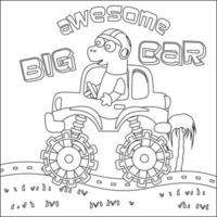 Vector illustration of monster truck with cute dinosaur driver. Cartoon isolated vector illustration, Creative vector Childish design for kids activity colouring book or page.