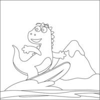 Vector illustration of surfing time with cute little dinosaurs at summer. Childish design for kids activity colouring book or page.