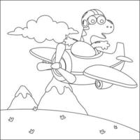 Vector illustration of cute dinosaur pilot flies in the sky on an airplane. Creative vector Childish design for kids activity colouring book or page.