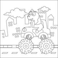 Vector illustration of monster truck with cute dinosaur driver. Cartoon isolated vector illustration, Creative vector Childish design for kids activity colouring book or page.