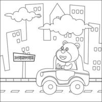 Vector cartoon of funny bear driving car in the road with village landscape. Cartoon isolated vector illustration, Creative vector Childish design for kids activity colouring book or page.