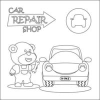 vector illustration of car repair shop cartoon with funny mechanic. Cartoon isolated vector illustration, Creative vector Childish design for kids activity colouring book or page.