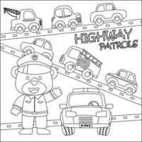 Cute bear police patrol on highway. Cartoon isolated vector illustration, Creative vector Childish design for kids activity colouring book or page.