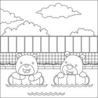 Cute two bear in swimming ring. Summer concept animal cartoon character design, Childish design for kids activity colouring book or page. vector