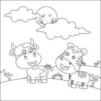 Cartoon wild animals concept, happy little animal in the jungle. Childish design for kids activity colouring book or page. vector