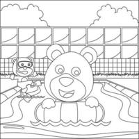 Cute two bear in swimming ring. Summer concept animal cartoon character design, Childish design for kids activity colouring book or page. vector