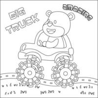 Vector illustration of monster truck with cute animal driver. Cartoon isolated vector illustration, Creative vector Childish design for kids activity colouring book or page.