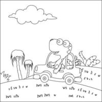 Cute dinosaur driving a car go to forest funny animal cartoon. Childish design for kids activity colouring book or page. vector