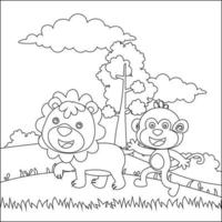 Cartoon wild animals concept, happy little animal in the jungle. Childish design for kids activity colouring book or page. vector