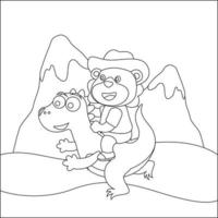 Vector illustration of happy cute bear riding cute dinosaurs. Childish design for kids activity colouring book or page.