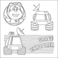 espacio león o astronauta en un espacio traje con dibujos animados estilo, gracioso pequeño espacio explorador. creativo vector infantil diseño para niños actividad colorante libro o página.