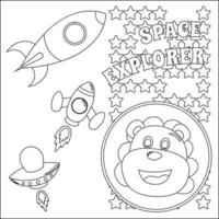 espacio león o astronauta en un espacio traje con dibujos animados estilo, gracioso pequeño espacio explorador. creativo vector infantil diseño para niños actividad colorante libro o página.