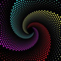 Red, pink, cyan, and yellow dotted spiral vortex pattern. Swirl pattern dots vector background. Abstract grunge particles poster backdrop. 3d warped wavy small circles template.