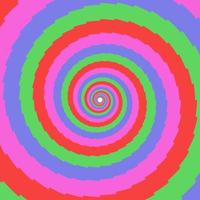 Red, pink, blue, and green hypnotic spiral vortex tunnel. Colorful swirl pattern striped lines vector background.