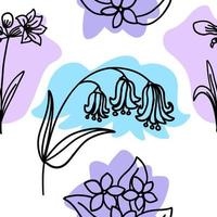 flores con pincel de colores de patrones sin fisuras en estilo de dibujos animados de fideos planos. Fondo de pantalla transparente de vector con fondo blanco.
