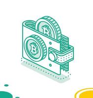 Isometric Crypto Wallet with Cryptocurrency . Two Bitcoin. Outline Icon for Cryptocurrency Storage App. Blockchain Technology. vector