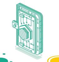 Isometric Crypto Wallet with Cryptocurrency. Outline Detailed Icon for Cryptocurrency Storage App. Blockchain Technology. Vector Illustration.