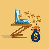 salary pouring out of laptop and into the money bag. make money online, receive good financial online income.  flat cartoon vector illustration.