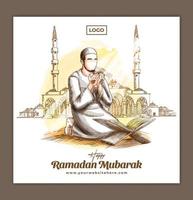 Social Media Square Banner Template for Ramadan Kareem Mubarak Celebration with Muslim Man Pray Hand drawn Illustration vector