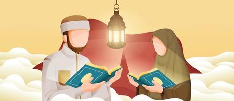 Muslim Man and Woman Reading Koran or Qur'an in Ramadan Kareem Holy Month with Crescent Moon and Stars Illustration vector
