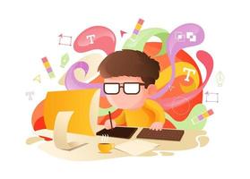 Graphic Designer Working On Desk Illustration with Colorful Creative Background vector