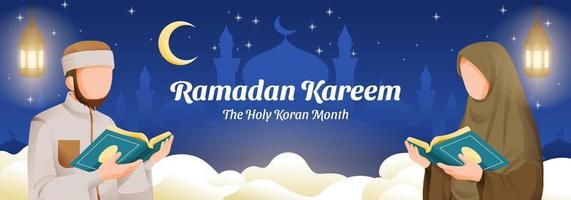Muslim Man and Woman Reading Quran in Ramadan Kareem Illustration 2 vector