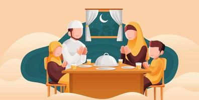 musulmán familia Orando antes de teniendo iftar o suhoor Ramadán kareem dibujos animados ilustración vector