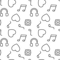 Seamless repeating monochrome pattern of musical note, heart, headphones, speaker. Perfect for web sites, apps, shops, backgrounds, wallpapers vector