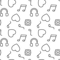 Seamless repeating monochrome pattern of musical note, heart, headphones, speaker. Perfect for web sites, apps, shops, backgrounds, wallpapers vector