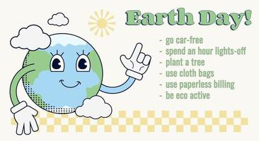 Retro Earth globe character smiling and showing the reminders for the Earth day. Environment friendly concept illustration in 70s style. Retro mascot in gloves. vector