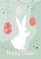 Pascua de Resurrección fiesta saludo con blanco Conejo silueta con colgando decorado tradicional rojo huevos, cristiandad tradicional fiesta invitación, póster, celebracion tarjeta. vector
