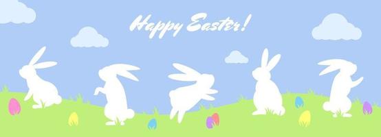 Pascua de Resurrección fiesta saludo con blanco conejos y de colores tradicional huevos en césped, cristiandad tradicional fiesta invitación, póster, celebracion tarjeta, bandera. vector