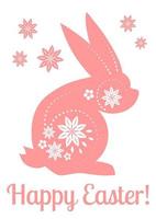 Easter holiday greeting with pink decorated rabbit silhouette with flowers. Christianity traditional Holiday invitation, poster, celebration card. vector