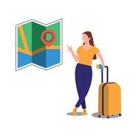 vector illustration Smiling simple woman in yellow t-shirt holding air ticket passport pointing at map