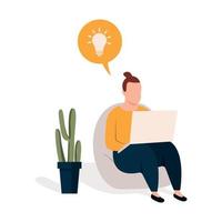 woman looking for ideas with her laptop on the couch. vector illustration