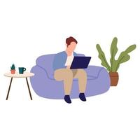 man playing laptop on sofa chair. vector illustration