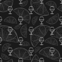 Seamless pattern with doodle cognac or brandy glass and slice of lemon citrus. Winery seamless pattern. White outlines on a black background. vector