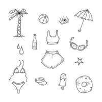 Doodle travel accessories set, palm, sea star, sunglasses, lollipop, umbrella, rainbow, cap, bottle, tank top, shorts, lips, ice cream. Hand drawn sketch style. Journey hand drawn elements vector