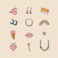 Doodle set of modern fashion woman stickers. Collection of cute hand drawn groovy icons, lips, earrings, cosmetic bag, necklace, rainbow, ice cream, ring, lollipop, strawberry. Hand drawn fashion vector