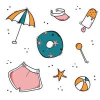 Doodle seamless pattern with tracel accecories, sun umbrella, visor, cap, inflatable beach ring, lollipop, ice cream, shorts, ball, sea star, drops. Hand drawn sketch style. Journey hand drawn pattern vector