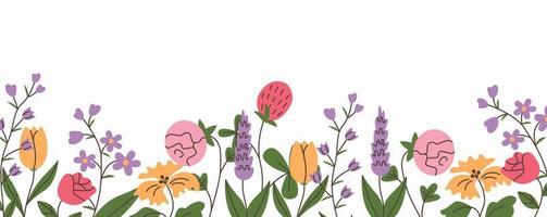 Large floral banner with different bright flowers. Rich flowery meadow. Decorative edge in vintage style. vector