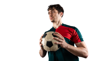 Football player holds the ball and he is ready to play with soccer png