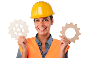 woman with helmet join pieces of gears as concept of partnership and integration png