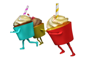 Fat cupcake with cream and candies run with legs and arms. 3d rendering png