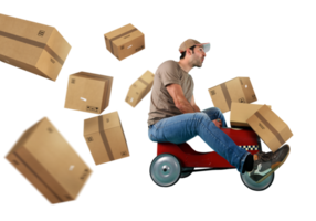 Courier drive fast with a toy car as express and rapid delivery png