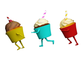 Fat cupcake with cream and candies run with legs and arms. 3d rendering png