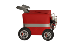 Wrapped gift on a trolley with wheels. concept of fast and express delivery png