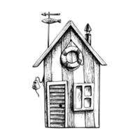 Marine, a fisherman's little house. Isolated object drawn by hand in graphic technique. Vector illustration for summer, nautical and beach decoration and design