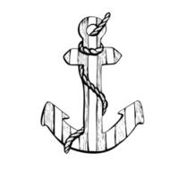 Wooden, striped anchor with a rope. Isolated object drawn by hand in graphic technique. Vector illustration for summer, nautical and beach decoration and design.