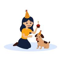contento niña celebra su perros cumpleaños con un pastel. mascota cumpleaños, mascota fiesta. vector